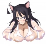 black_hair blush breasts cleavage clothed clothing eyewear female glasses hair hand_on_breast long_hair looking_at_viewer pince-nez purple_eyes shirt simple_background solo topwear white_background eunos bakemonogatari hanekawa_tsubasa animal_humanoid cat_humanoid felid felid_humanoid feline feline_humanoid humanoid mammal mammal_humanoid 1:1