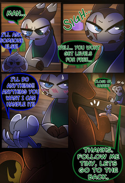 apron apron_only bar blind_eye clothing detailed_background dialogue eye_scar facial_scar male male/male scar scared tavern text halfpricesouls nintendo pokemon cappucinno_(halfpricesouls) cin_(halfpricesouls) furret generation_2_pokemon generation_5_pokemon minccino pokemon_(species) absurd_res comic english_text hi_res multiple_images