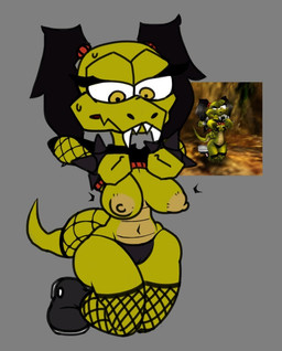 anthro areola black_clothing black_footwear black_hair black_shoes black_thong black_topwear black_underwear bodily_fluids bracelet breasts brown_areola brown_body brown_eyes brown_nipples brown_scales clothed clothing eyelashes fangs female fishnet_clothing fishnet_legwear flashing flashing_breasts footwear front_view green_body green_scales grey_background hair jewelry kneeling legwear navel nipples pigtails raised_clothing raised_topwear scales shoes simple_background solo spiked_bracelet spikes sweat sweatdrop teeth thong topwear underwear dibujobienraro scalie character_request