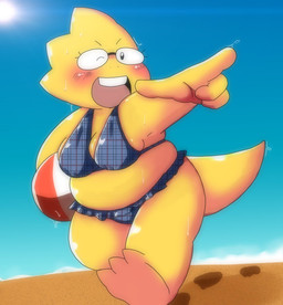 anthro ball beach beach_ball belly bikini blush breasts buckteeth clothing eyewear female gesture glasses hand_gesture inflatable non-mammal_breasts one_eye_closed outside pointing seaside shortstack shortstack_female slightly_chubby slightly_chubby_anthro slightly_chubby_female solo swimwear tail teeth thick_tail thick_thighs two-piece_swimsuit wide_hips wink yellow_body yellow_skin alpi undertale undertale_(series) alphys lizard reptile scalie 2018 archived_source