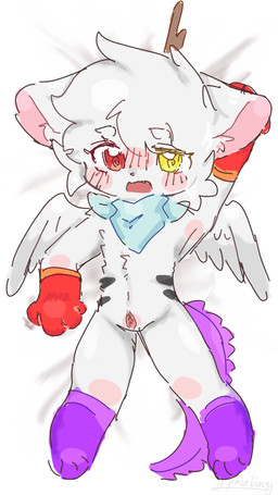 4_fingers ambiguous_gender anthro antlers bed_sheet bedding blush confusion dichromatic_eyes dragon_tail female fingers fur genitals horn multicolored_body nude open_mouth purple_body purple_fur red_eyes scarf simple_background solo vulva wings yellow_eyes paieliny felid mammal hi_res
