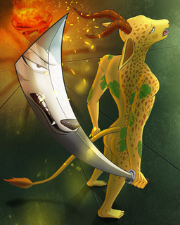 angry anthro butt duo eyelashes fight fire fur horn katana leaf male male/male melee_weapon nude spots sword tail teeth weapon hamapup beastars legoshi_(beastars) melon_(beastars) antelope bovid canid canine canis cheetah felid feline hybrid mammal wolf 4:5 absurd_res hi_res