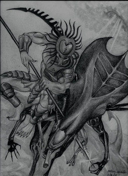 ambiguous_gender armor dreadlocks duo holding_object holding_weapon impalement male mask melee_weapon polearm queen royalty spear weapon wounded armageddon777 alien_(franchise) alien_vs._predator_(franchise) predator_(franchise) alien humanoid xenomorph xenomorph_queen yautja 2012 dated graphite_(artwork) hi_res monochrome signature traditional_media_(artwork)