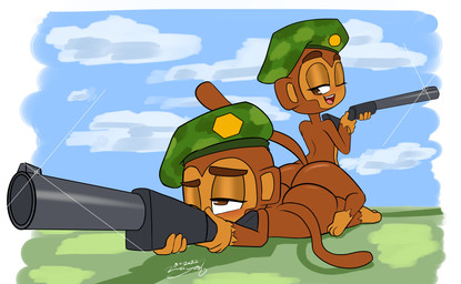 aiming ambiguous_gender anthro ass_to_ass blue_sky blush cloud day detailed_background duo grass half-closed_eyes narrowed_eyes one_eye_closed outside plant sitting_on_another sitting_on_butt sky smile wayesh bloons_tower_defense ninja_kiwi sniper_monkey_(bloons) haplorhine mammal monkey primate 2022 absurd_res dated hi_res signature