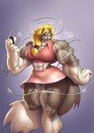 abs anthro big_breasts black_sclera blonde_hair bottomwear breasts brown_body brown_fur claws clothed clothing colored_nails ear_piercing ear_ring female fluffy fluffy_tail fur hair humanoid_pointy_ears listening_to_music muscular muscular_anthro muscular_female nails piercing pointy_ears quadriceps ring_piercing sharp_teeth skirt smile solo tail teeth thick_arms thick_thighs white_body white_fur wide_hips agonwolfe mythology canid canine mammal mythological_canine mythological_creature werecanid werecanine werecreature werewolf absurd_res hi_res