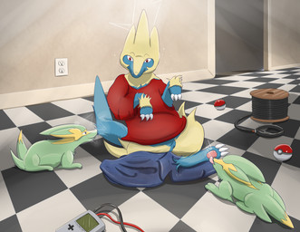 after_transformation ambiguous_gender checkered checkered_floor clothing feet feral floor foot_fetish foot_lick foot_play group hindpaw human_to_feral licking nuzzling outlet paws pokeball species_transformation spool standard_pokeball static_electricity tile tile_floor tongue transformation trio voltmeter wire mewscaper nintendo pokemon electrike generation_3_pokemon human mammal manectric pokemon_(species) absurd_res hi_res