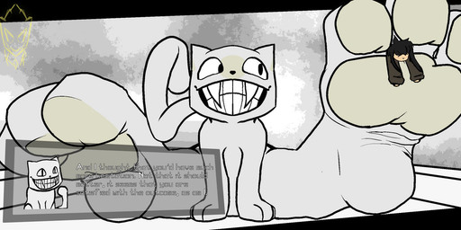 3_fingers 3_toes ambiguous_gender between_toes big_feet black_clothing black_hair black_hoodie black_topwear clothing dialogue fangs fangs_over_teeth feet feral fingers fog foggy_background foot_fetish foot_focus grey_background hair happy hoodie huge_feet insane looking_at_another looking_at_partner low-angle_view micro micro_between_toes on_ground pawpads paws plantigrade plantigrade_pawpads simple_background sitting spread_legs spreading tail talking_to_viewer teeth toes topwear verbose_text white_body yellow_pawpads flushedspace off_(game) the_judge_(off) domestic_cat felid feline felis human mammal digital_drawing_(artwork) digital_media_(artwork) monochrome