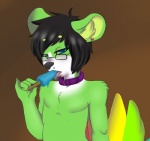 anthro black_hair black_nose blue_eyes collar ear_piercing eyewear food food_fetish fur glasses green_body green_fur hair male piercing popsicle solo suggestive suggestive_food tongue derigrowl mammal unknown_species