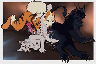 4_horns animal_genitalia animal_penis anthro anthro_on_anthro anthro_penetrated anthro_penetrating anthro_penetrating_anthro balls black_body blue_eyes blurred_background blush bodily_fluids border breasts brown_background brown_body canine_genitalia canine_penis claws cum cum_drip cum_from_vagina cum_in_vagina cum_inside cum_on_face cum_on_penis dripping erection eyewear eyewear_only facial_piercing fangs female female_anthro female_penetrated fur genital_fluids genitals glasses glasses_only group group_sex horn knot knotted_penis licking licking_cum looking_pleasured male male/female male/male male_anthro male_penetrating male_penetrating_female mmf_threesome multi_horn nipples nose_piercing nose_ring nude nude_anthro nude_female nude_male orange_body pawpads paws penetration penile penile_penetration penis penis_in_vagina piercing pokemorph ring_piercing sex simple_background striped_body stripes tan_body tan_fur teeth threesome toe_claws tongue tongue_out trio vaginal vaginal_penetration vulva wearing_glasses white_body white_border jetraraven guild_wars nintendo pokemon arcanine canid canine charr felid generation_1_pokemon lion mammal pantherine pokemon_(species) hi_res