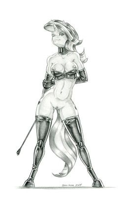 anthro armwear breasts clothing elbow_gloves female fur genitals gloves hair handwear hooves horn navel nipples riding_crop solo unguligrade vulva whip baron_engel friendship_is_magic hasbro my_little_pony mythology starlight_glimmer_(mlp) equid equine mammal mythological_creature mythological_equine unicorn greyscale hi_res monochrome