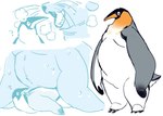 anthro duo feathers grey_body grey_feathers leaning_on_person male moobs orange_body orange_feathers overweight overweight_male squish white_body white_feathers 1boshi avian bird mammal marine penguin pinniped seal hi_res