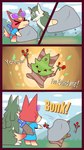 2023 animal_crossing anthro audie_(animal_crossing) breath_of_the_wild canid canine canis comic dialogue dropping_object english_text feral fox hi_res humor korok lifting_object link_(wolf_form) male mammal melee_weapon multicolored_body nintendo onomatopoeia outside r-mk rock sitting sound_effects standing sword sword_on_back sword_sheath text the_legend_of_zelda two_tone_body weapon wolf