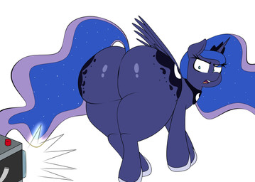 angry big_butt blue_body blue_feathers butt camera feathered_wings feathers female feral horn huge_butt looking_back solo thick_thighs wings friendship_is_magic hasbro my_little_pony mythology princess_luna_(mlp) equid equine mammal mythological_creature mythological_equine winged_unicorn hi_res