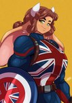 anthro brown_body brown_fur brown_hair clothed clothing cosplay eyebrow_through_hair eyebrows female floppy_ears fur green_eyes hair horn long_ears looking_at_viewer shield simple_background smile solo translucent translucent_hair union_jack yellow_background chalo las_lindas marvel captain_britain mora_linda bovid bovine cattle mammal half-length_portrait hi_res portrait signature