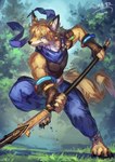 action_pose anthro barefoot belt blue_eyes clothed clothing feet fingerless_gloves forest forest_background gloves grass handwear holding_object holding_weapon holding_with_two_hands male melee_weapon muscular muscular_anthro muscular_male nature nature_background plant polearm pose pouch_(clothing) scarf solo spear tree weapon nasuno_posi canid canine fox mammal hi_res signature