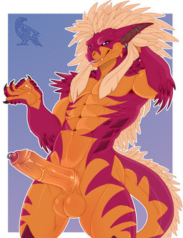anthro balls bodily_fluids claws erection fangs genital_fluids genitals hair horn looking_at_viewer male muscular nude penis precum smile standing teeth omez mythology dragon mythological_creature mythological_scalie scalie