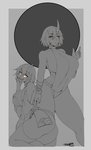 big_breasts breast_size_difference breasts butt cleavage clothed clothing duo female horn not_furry side_boob thong underwear taigerarts horned_humanoid humanoid greyscale hi_res monochrome