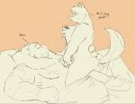 anthro bed big_muscles dialogue duo erection furniture genitals male male/male muscular pecjob pecs penis sex text unknown_artist wuffle_(webcomic) mighty_joe wuffle bear canid canine canis mammal polar_bear ursine wolf english_text hi_res