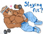 80's_theme aged_up anthro belly bodily_fluids bulge chest_tuft clothed clothing erection exercise foreskin genitals humanoid_genitalia humanoid_penis male moobs navel nipples no_underwear overweight overweight_male penis shirtless solo sweat teddybear tuft vein veiny_penis workout dani_panda_(artist) teddy_ruxpin bear mammal ursine