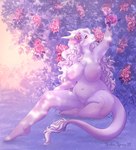 anthro eyelashes female front_view grass hair horn long_hair navel nude outdoor_nudity outside pink_rose plant purple_eyes sitting slightly_chubby slightly_chubby_anthro slightly_chubby_female solo tail tail_tuft tuft white_body white_hair white_horn wide_hipped_anthro wide_hipped_female tiggybloom 2021 hi_res