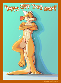 animal_genitalia anthro bedroom_eyes blue_background border brown_border crossed_arms digitigrade fangs genital_slit genitals glistening_eyelids half-closed_eyes horn looking_at_viewer male narrowed_eyes navel nude on_one_leg penis penis_tip pink_penis scales seductive simple_background snout solo standing tail tan_body tan_scales teeth text white_horn white_text yellow_body yellow_scales dyyrlysh slit_day kobold scalie 2026 aliasing aseprite_(artwork) cel_shading digital_drawing_(artwork) digital_media_(artwork) english_text hi_res shaded