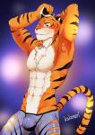 anthro armpit_hair body_hair bottomwear bulge clothed clothing countershading male shorts solo topless zootopia_shorts kakenari disney zootopia tiger_dancer_(zootopia) felid mammal pantherine tiger