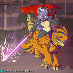 ambiguous_gender anthro arm_wraps avian_feet beak biped black_body blue_body cape claws clothing duo ear_markings facial_markings feathers feral forehead_markings head_feathers head_markings holding_melee_weapon holding_object holding_sword holding_weapon larger_feral looking_at_viewer male markings melee_weapon multicolored_body quadruped red_cape red_clothing red_markings riding size_difference smaller_anthro sword tail tail_feathers weapon wraps yellow_body fuf ambiguous_species avian canid canine mammal 1:1 2024 hi_res