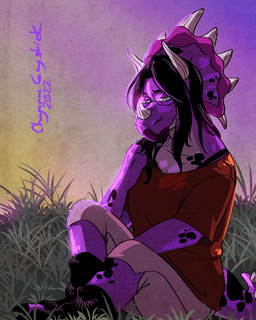3_horns 4_fingers anthro black_claws black_clothing black_footwear black_hair black_shoes black_spots bone_frill bottomwear brown_bottomwear brown_clothing brown_pants claws clothed clothed_anthro clothing facial_horn female female_anthro finger_claws fingers footwear frill_(anatomy) fully_clothed fully_clothed_anthro grass hair horn lips looking_down markings multi_horn nose_horn outside pants plant purple_body purple_lips purple_scales purple_sky purple_tail red_clothing red_shirt red_topwear scales shirt sitting sitting_on_ground sky solo spiked_tail spikes spikes_(anatomy) spots spotted_body spotted_markings spotted_scales spotted_tail tail tail_markings text thick_lips topwear white_horn white_spikes cageyshick05_(artist) purple_the_triceratops ceratopsian dinosaur ornithischian prehistoric_species reptile scalie triceratops 2022 4:5 artist_name colored dated digital_drawing_(artwork) digital_media_(artwork) english_description shaded