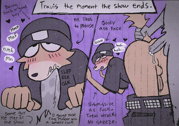 anal anal_penetration anthro anthro_on_anthro anthro_penetrated anthro_penetrating anthro_penetrating_anthro arrow_pointing_to_arm arrow_pointing_to_face backsack balls beanie belt bent_over black_beanie black_bottomwear black_clothing black_hat black_headwear black_jeans black_pants black_shirt black_t-shirt black_topwear blush bodily_fluids bottomwear bottomwear_down brown_body brown_fur clothed clothing cum cum_on_face denim denim_bottomwear denim_clothing directional_arrow duo erection first_person_view fur genital_fluids genitals grey_body grey_fur hat headgear headwear heart_symbol hearts_around_head humanoid_genitalia humanoid_hands humanoid_penis jeans leaking_precum looking_pleasured male male/male male_penetrated male_penetrating male_penetrating_male moan onomatopoeia open_mouth pants pants_down partially_clothed penetration penile penile_penetration penis penis_in_ass penis_in_mouth precum purple_background sex shirt simple_background sound_effects studded_belt studs t-shirt tail tail_grab text text_box topwear critteremitter travis_(critteremitter) canid canine canis domestic_dog mammal 2026 absurd_res digital_media_(artwork) digital_painting_(artwork) english_text hi_res painting_(artwork) traditional_media_(artwork)
