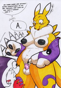 accidentally_stuck ambiguous_gender anthro areola ball_tuft balls big_breasts black_areola black_sclera bodily_fluids bound breasts broken_key chastity_cage chastity_device chastity_key clothing duo fur genitals gynomorph handwear intersex key_disposal nipples onomatopoeia open_mouth penis permanent_chastity_device pink_chastity_cage screaming shocked simple_background sound_effects sweat sweatdrop tail text tuft wearing_chastity_cage wearing_chastity_device white_background white_body white_fur yellow_body yellow_fur rotten_owl bandai_namco digimon canid digimon_(species) imp impmon mammal renamon absurd_res hi_res traditional_media_(artwork)