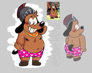 anthro armor bashful belly blush boxers_(clothing) brown_body brown_fur butt clothing embarrassed fur grin headgear helmet male moobs navel nipples overweight smile solo underwear shockletic puppy_guard russell_(puppy_guard) canid canine canis domestic_dog mammal hi_res