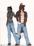 anthro athletic bottomwear clothed clothing denim denim_bottomwear denim_clothing duo female jeans looking_at_viewer male nipples pants pose smile tail topless ace_stryker canid canine canis domestic_dog felid german_shepherd herding_dog mammal pantherine pastoral_dog 2011 absurd_res hi_res