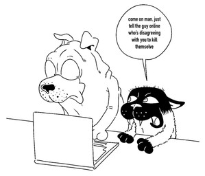 annoyed anthro black_nose computer dialogue duo ears_back electronics eye_bags fangs floppy_ears furniture glance gloves_(marking) laptop looking_at_another male markings open_mouth paws pivoted_ears speech_bubble table talking_to_another teeth text whisker_spots theyoyododo get_fuzzy bucky_katt satchel_pooch canid canine canis domestic_cat domestic_dog felid feline felis mammal mastiff mixed_breed molosser shar_pei siamese_cat 2025 black_and_white digital_drawing_(artwork) digital_media_(artwork) english_text line_art monochrome