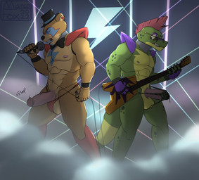 abs accident accidental_exposure anthro balls bass_guitar big_penis bodily_fluids bow_tie bulge clenched_teeth clothed clothing duo ear_piercing ear_ring electronics erection erection_under_clothing eyes_closed eyewear facial_markings fingerless_gloves fog genital_fluids genitals glasses gloves green_body guitar hair handwear hat head_markings headgear headwear humanoid_genitalia humanoid_penis ineffective_clothing looking_at_another looking_at_genitalia looking_at_penis machine male male/male markings microphone mohawk muscular muscular_anthro muscular_male musical_instrument navel nipples non-mammal_balls non-mammal_nipples open_mouth pecs penis piercing playing_music plucked_string_instrument precum precum_through_clothing red_hair ring_piercing rock_out_with_your_cock_out shoulder_pads singing stage standing string_instrument sunglasses teeth tenting thong top_hat topless topless_anthro topless_male underwear wardrobe_malfunction wet wet_clothing wire wristband marcofox five_nights_at_freddy's five_nights_at_freddy's:_security_breach scottgames steel_wool_studios glamrock_freddy montgomery_gator alligator alligatorid animatronic bear crocodilian mammal reptile robot scalie 2022 absurd_res hi_res watermark