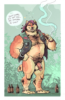 3_toes 5_fingers alcohol anthro arm_tuft armband balls barazoku beard beverage biceps biker_jacket biped bodily_fluids body_hair border bottomless brown_body brown_fur chest_hair cigar claws clothed clothing dark_hair detailed_background dialogue drunk facial_hair feathers feet fingers flower fur genital_fluids genitals gold_(metal) gold_jewelry hair hairy humanoid_genitalia humanoid_penis jewelry looking_at_viewer male manly musclegut muscular muscular_anthro muscular_male necklace nipples open_mouth partially_clothed penis plant precum pubes ring shoulder_hair sideburns smoke smoking solo speech_bubble standing substance_intoxication tan_body tan_fur text toes topwear tuft white_border dramamine mythology canid canine canis mammal mythological_canine mythological_creature werecanid werecanine werecreature werewolf wolf 2021 digital_drawing_(artwork) digital_media_(artwork) english_text full-length_portrait hi_res portrait