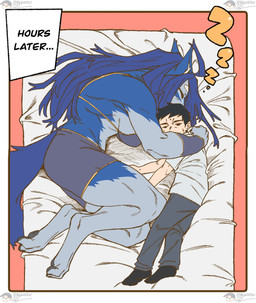 anthro big_breasts blue_body blue_fur blue_hair bottomwear bra breasts clothing cuddling eyes_closed female female_anthro female_on_human fur hair hug human_on_anthro interspecies larger_anthro larger_female male male_human male_on_anthro romantic romantic_couple shorts size_difference sleeping smaller_male sound_effects tail underwear vowelless vowelless_sound_effect zzz rekidesu mythology ren_(rekidesu) tsukiko_(rekidesu) canid canine canis human mammal mythological_canine mythological_creature werecanid werecanine werecreature werewolf wolf 2025 hi_res