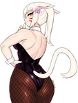 accessory animal_ears animal_tail big_butt blonde_hair blush breasts brown_clothing brown_legwear brown_tights bunny_costume butt clothing costume cuffs_(clothing) ears_down eyelashes facial_markings female fishnet_clothing fishnet_legwear flower flower_in_hair fur hair hair_accessory hand_on_hip head_markings legwear leotard looking_at_viewer looking_back looking_back_at_viewer markings pivoted_ears plant purple_clothing purple_leotard rear_view red_eyes simple_background smile solo tail tan_body tan_fur tan_skin thick_thighs tights white_background wide_hips shnibbles final_fantasy final_fantasy_xiv square_enix animal_humanoid cat_humanoid felid felid_humanoid feline feline_humanoid humanoid mammal mammal_humanoid miqo'te tailed_humanoid 3:4 absurd_res hi_res