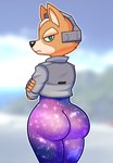 anthro big_butt bubble_butt butt clothing crossed_arms femboy fur galaxy green_eyes headgear jacket leggings legwear looking_back male rear_view solo tailless tan_body tan_fur tight_clothing topwear acstlu nintendo star_fox fox_mccloud canid canine fox mammal 2022 absurd_res hi_res