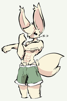 abs anthro athletic athletic_anthro big_ears big_tail bottomwear bulge clothing dialogue head_tuft jockstrap male pecs shorts solo stretching_arms tail tuft underwear 9hammer hex_(9hammer) lagomorph mammal hi_res