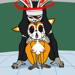ahegao anal anthro big_butt bodily_fluids butt clothing corruption duo female fucked_silly gynomorph intersex intersex/female looking_pleasured looking_up_at_partner nude nun nun_habit nun_outfit religious_clothing saliva spit_in_mouth unusual_bodily_fluids hexecat aggretsuko sanrio celeste_the_nun_rabbit_(character) tsunoda_(aggretsuko) antelope bovid deer gazelle lagomorph leporid mammal rabbit thomson's_gazelle true_antelope 1:1 absurd_res hi_res