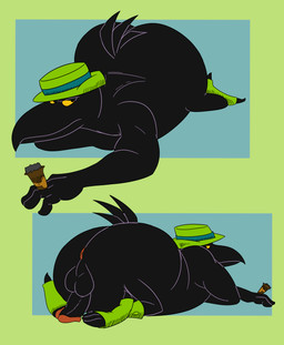 all_fours anthro anus ass_out balls beak big_butt black_body black_eyes black_feathers butt cigar clothing feathers genitals hat headgear headwear humanoid_genitalia humanoid_penis looking_aside looking_away looking_back lying male nude nude_anthro nude_male on_front pattern_clothing penis presenting presenting_hindquarters simple_background slightly_chubby slightly_chubby_anthro slightly_chubby_male solo striped_clothing stripes suit tail tail_feathers yellow_sclera bob-jiggles fritz_the_cat duke_(fritz_the_cat) avian bird corvid corvus_(genus) crow oscine passerine absurd_res cross-hatching hatching_(art) hi_res shaded