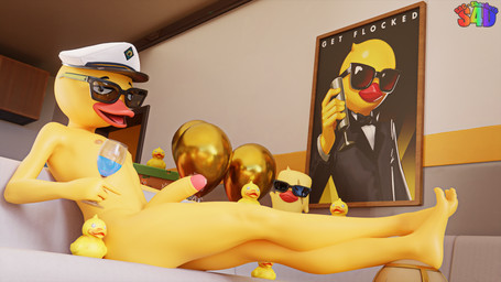 anthro balloon clothing cluster_(fortnite) container cup drinking_glass eyewear feet_up genitals glass glass_container glass_cup hat headgear headwear inflatable inside male painting_(object) peaked_cap penis slurp_juice solo sunglasses throbbing throbbing_penis wine_glass shachath3d epic_games fortnite anatid anseriform avian bird duck absurd_res hi_res