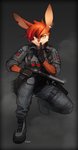 ammunition anthro boots clothing combat_boots combat_gear combat_gloves ear_piercing female footwear gloves gun hair handgun handwear holster looking_at_viewer piercing pistol ranged_weapon red_hair shoes shush silencer simple_background solo streetwear techwear weapon yellow_eyes pgm300 glock glock_19 lagomorph leporid mammal rabbit absurd_res digital_media_(artwork) hi_res shaded soft_shading