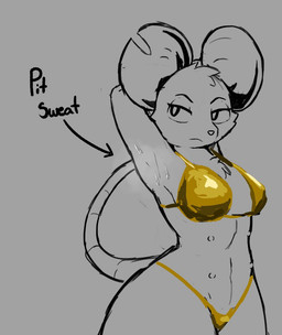 anthro armpit_fetish bikini bodily_fluids breasts cheek_tuft clothing contextual_arrow curvy_figure directional_arrow eyelashes facial_tuft female frown gold_bikini hands_behind_head information_label looking_aside multi_nipple musk musky_armpit narrowed_eyes nipples notched_ear rodent_tail round_ears smelly snout solo supernumerary_nipples sweat sweaty_armpit swimwear text tuft two-piece_swimsuit voluptuous holemann mina_the_hollower yacht_club_games mina_(mina_the_hollower) mammal mouse murid murine rodent english_text