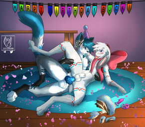 birthday birthday_cake cake dessert duo fangs food male male/male party presenting profanity sabertooth_(anatomy) sex teeth text cutefckngbunny felid hare hybrid lagomorph leopard leporid mammal pantherine prehistoric_species rabbit saber-toothed_tiger absurd_res english_text hi_res