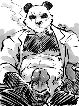 abs anthro bottomwear cigarette clothed clothing erection genitals glans holding_penis humanoid_genitalia humanoid_penis male masturbation muscular muscular_anthro muscular_male open_bottomwear open_clothing open_pants open_shirt open_topwear pants partially_clothed pecs penile penile_masturbation penis scar shirt smoke smoking solo topwear shirako beastars gouhin_(beastars) bear giant_panda mammal 3:4 greyscale half-length_portrait hi_res monochrome portrait sketch