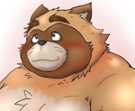 anthro black_nose blush brown_body brown_fur fur kemono male overweight overweight_male simple_background smile solo mametanu_tanuki canid canine mammal raccoon_dog tanuki 2024 portrait