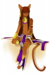 anthro bottomwear brown_hair clothed clothing egyptian egyptian_clothing femboy gold_(metal) gold_jewelry hair jewelry leaning loincloth long_hair looking_at_viewer male necklace purple_eyes shendyt simple_background smile solo tail topless usekh white_background peritian felid mammal