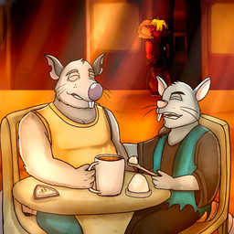4_fingers anthro beard beverage biped black_clothing black_shirt black_topwear bottomwear clothing coffee container cup eyes_closed facial_hair fingers fur grey_body grey_fur group laugh male male/male mug overweight overweight_male pants shirt sitting standing topwear berryrpgmakerb brok_the_investigator celsius_strays cowcat_games guard_(brok_the_investigator) hacker_(brok_the_investigator) mammal mouse murid murine rat rodent 1:1 2026 hi_res
