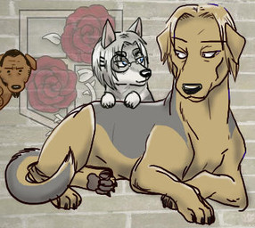 black_hair blonde_hair blue_eyes brown_body brown_fur claws eyewear feral feral_with_hair fur glasses grey_body grey_fur grey_hair group hair pawpads size_difference tan_body tan_fur trio mizzkie attack_on_titan ian_dietrich mitabi_jarnach rico_brzenska broholmer canid canine canis domestic_dog mammal spitz swedish_vallhund low_res